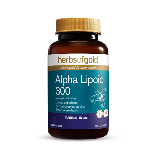 Herbs of Gold Alpha Lipoic 300 - a high-strength alpha-lipoic acid supplement, known for its powerful antioxidant properties that reduce free radicals in the body.