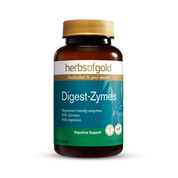 Herbs of Gold Digest-Zymes - features a potent blend of six vegetarian-friendly digestive enzymes meticulously crafted to promote healthy digestion, including the breakdown of proteins, fats, carbohydrates, fiber, and lactose.