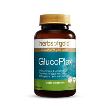 Herbs of Gold GlucoPlex - unique formula containing Gymnema, Cinnamon, and chromium to promote healthy blood glucose levels.