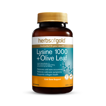 Herbs of Gold Lysine 1000 + Olive Leaf - a powerful formula that combines af high-strength lysine and a standardized extract of Olive leaf to effectively reduce the occurrence and relieve symptoms of facial cold sores, supporting both your skin health and general well-being.