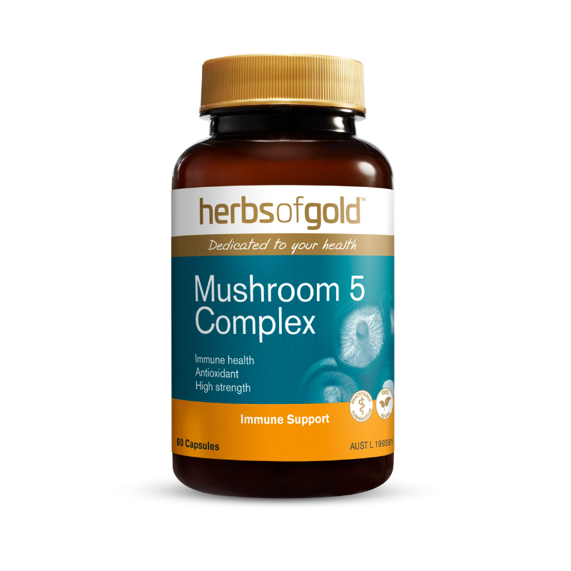 Herbs of Gold Mushroom 5 Complex, a high-strength vegan supplement featuring five mushrooms known for their immune-boosting properties.