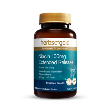 Herbs of Gold Niacin 100mg Extended Release, a vegan-friendly supplement packed with 100mg of nicotinic acid (niacin), a potent form of vitamin B3 that supports energy production.