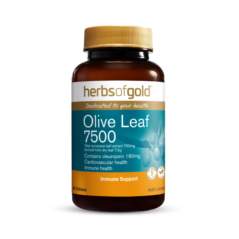 Herbs of Gold Olive Leaf 7500, a high-potency vegan-friendly supplement that helps maintain a robust immune system.