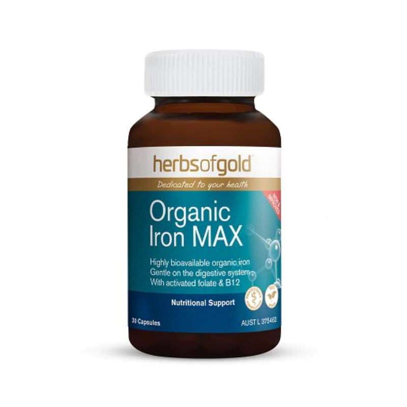 Herbs of Gold Organic Iron MAX, a vegan-friendly one-a-day iron supplement that helps prevent dietary iron deficiency.