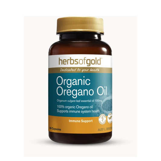 Herbs of Gold Organic Oregano Oil, a vegan-friendly supplement featuring 100% Certified Organic Oregano oil to support your immune system.