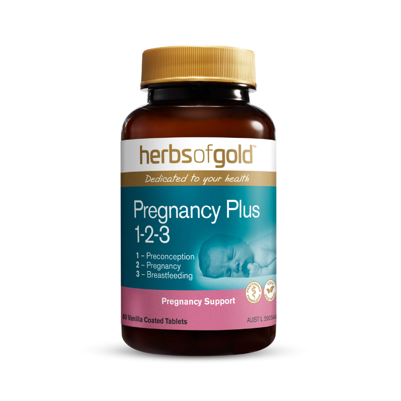 Herbs of Gold Pregnancy Plus 1-2-3, a vegetarian-friendly vitamin and mineral supplement.