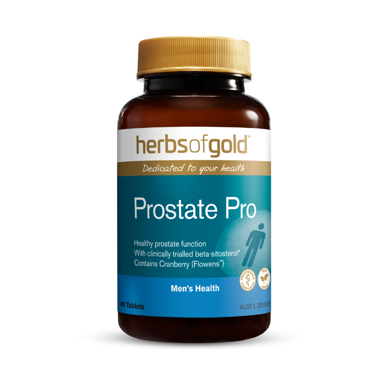 Herbs of Gold Prostate Pro - vegan-friendly supplement, Cranberry fruit powder (Flowens™) and clinically trialed beta-sitosterols (Phytopin®) to promote prostate well-being and urinary tract health.